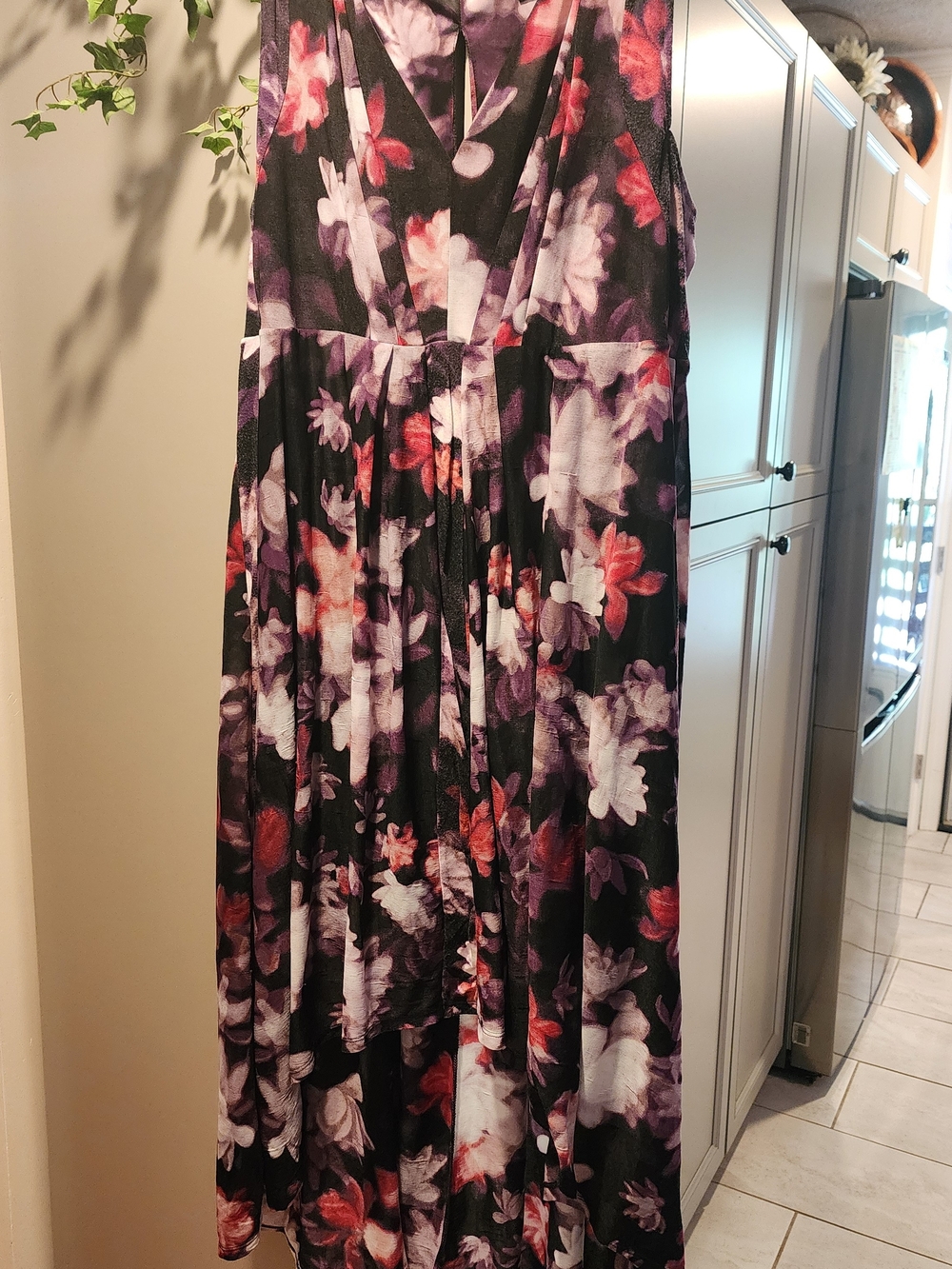 Vera Wang Black Maxi Dress with Purple and Pink Floral Pattern